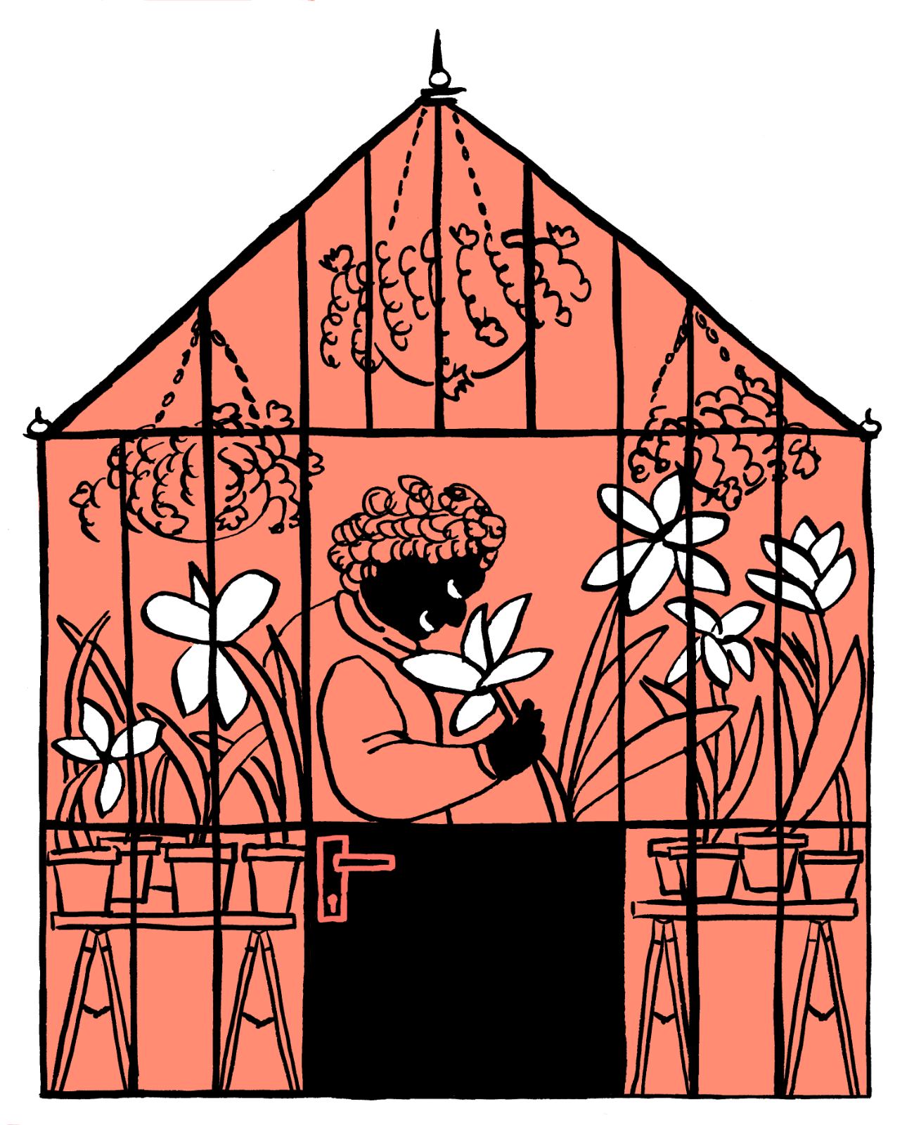 Illustration of a person in a warm greenhouse sniffing the blossom of a potted plant
